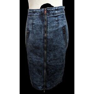 DKNY Blue Denim Full Zip Knee Length Pencil Skirt With Real Pockets!